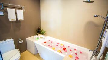 Shower, free toiletries, hair dryer, slippers