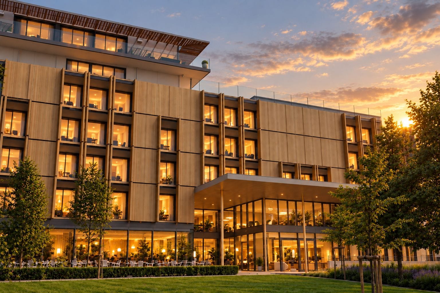 Ein modernes Hotel mit mehreren Etagen, großen Fenstern und einem gut beleuchteten Eingang.