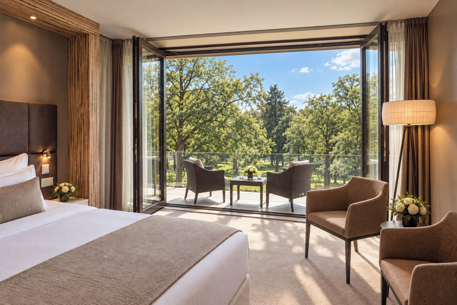 Ein Hotelzimmer mit einem großen Bett, einem Balkon mit Stühlen und einem Tisch sowie Blick auf Bäume.