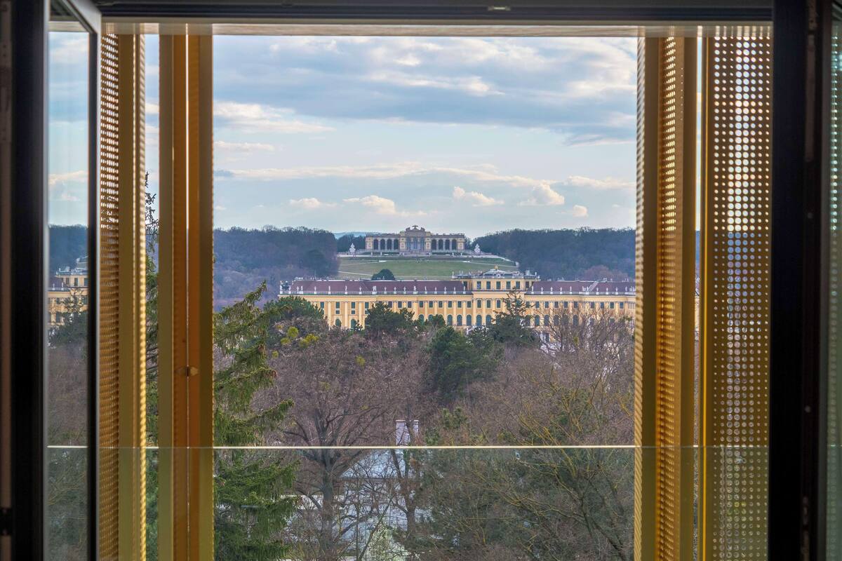 A view through a window with a building in the background.