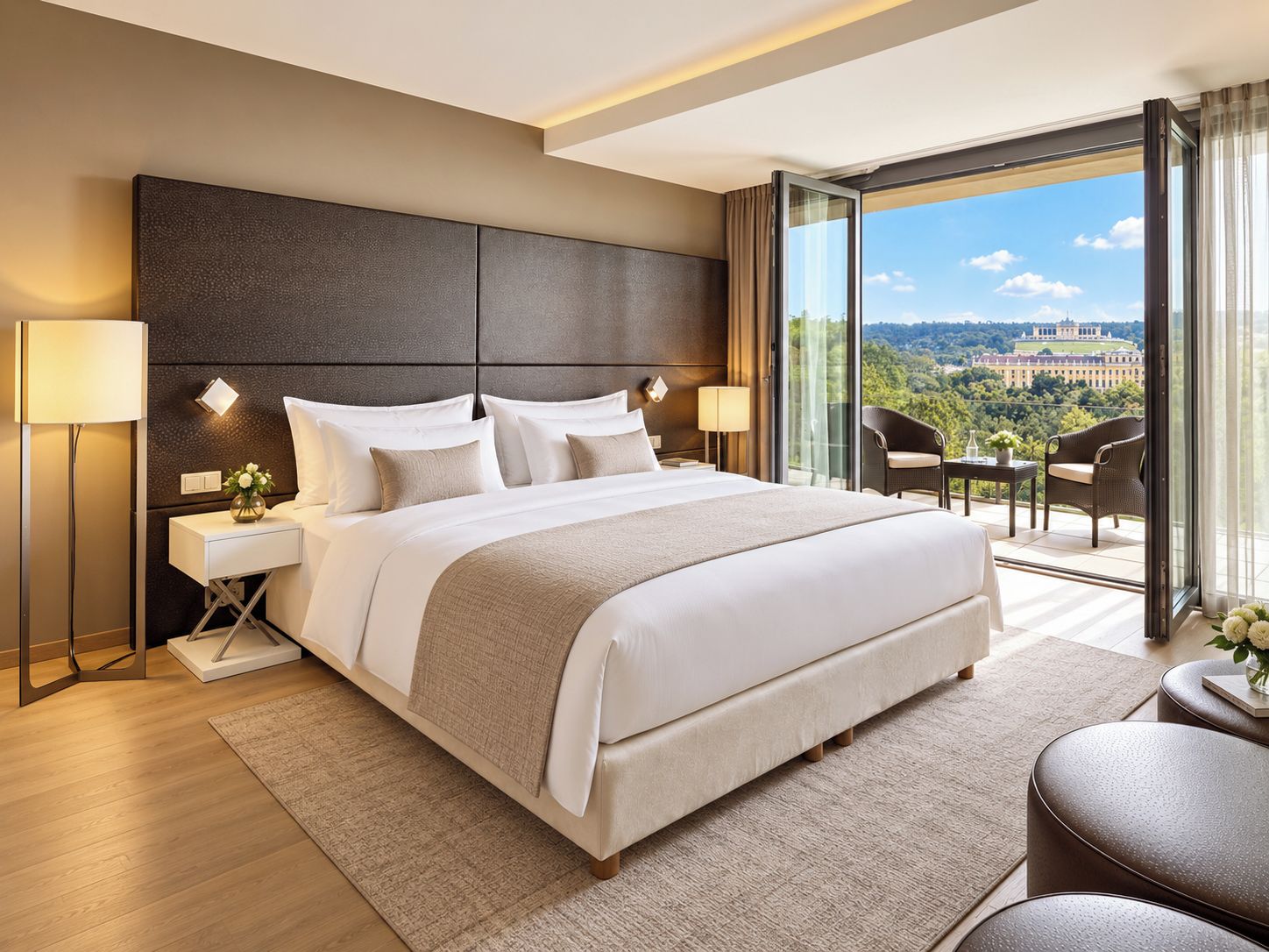 A modern hotel room with a large bed, a nightstand, a desk, and a balcony with a view.