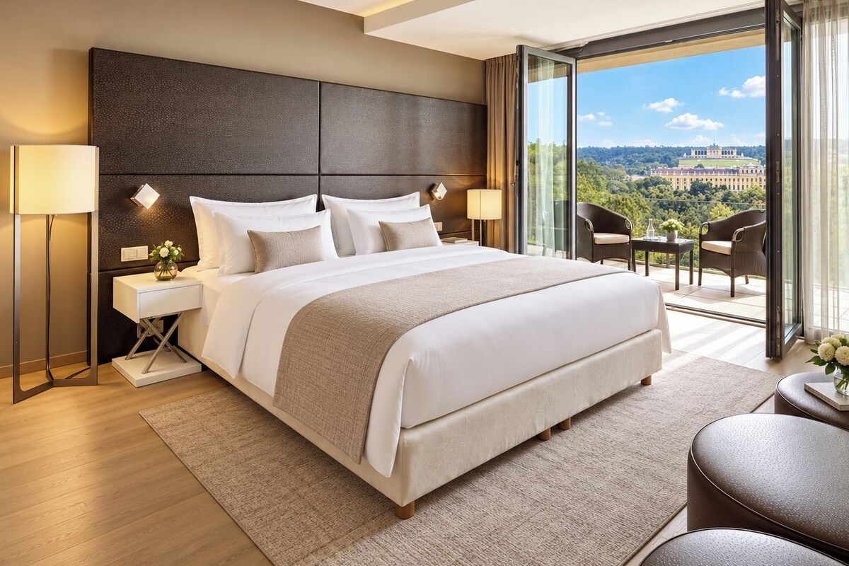 A modern hotel room with a large bed, a nightstand, a desk, and a balcony with a view.