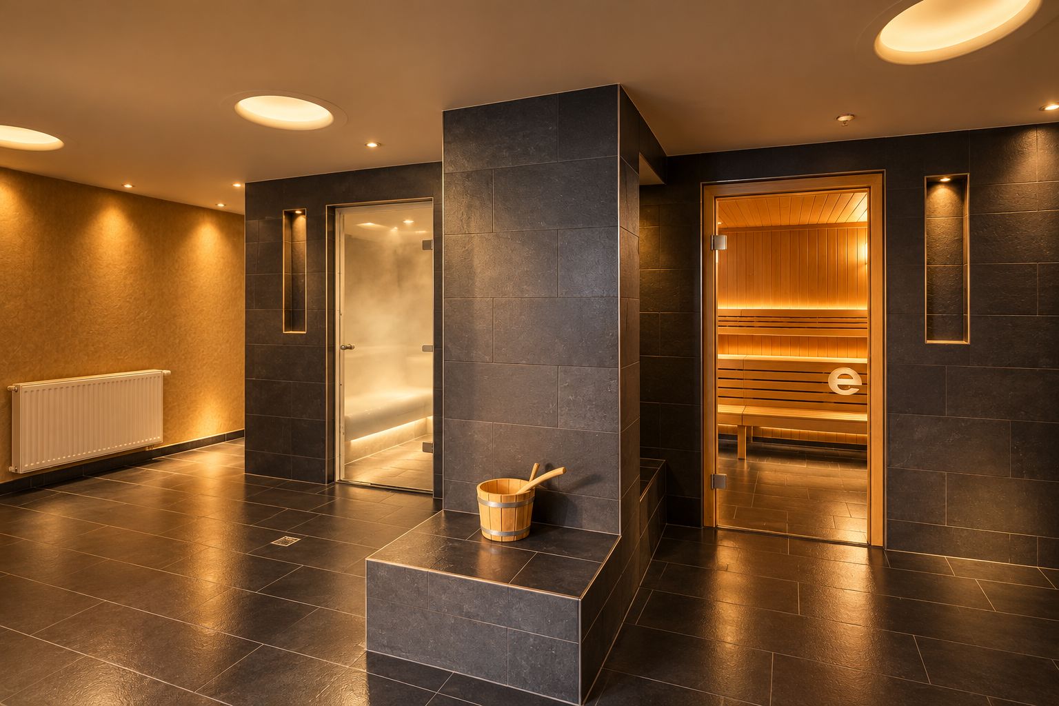 Un interior moderno con pisos de baldosas oscuras, un pilar central y una zona de sauna con bancos de madera.