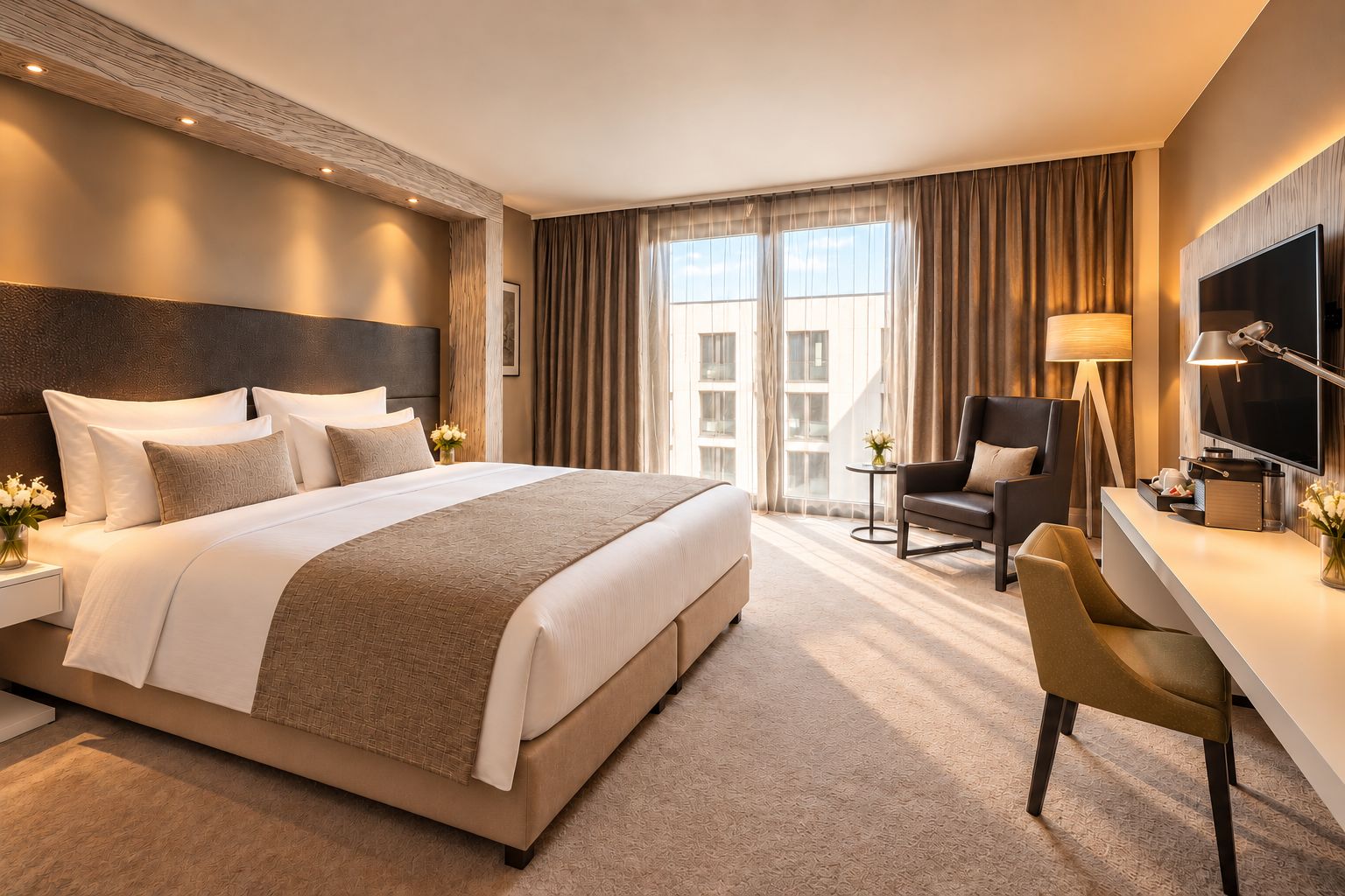 A hotel room with a large bed, a desk, a chair, a TV, and a window with curtains.