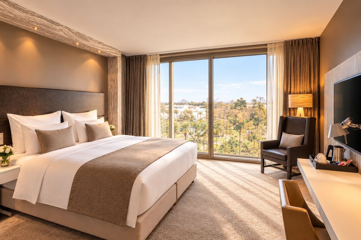 A hotel room with a large bed, a desk, a chair, a TV, and a view of the city.