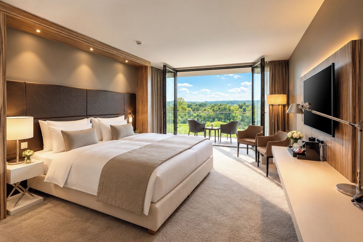 A modern hotel room with a large bed, a desk, a flat-screen TV, and a balcony with a scenic view.
