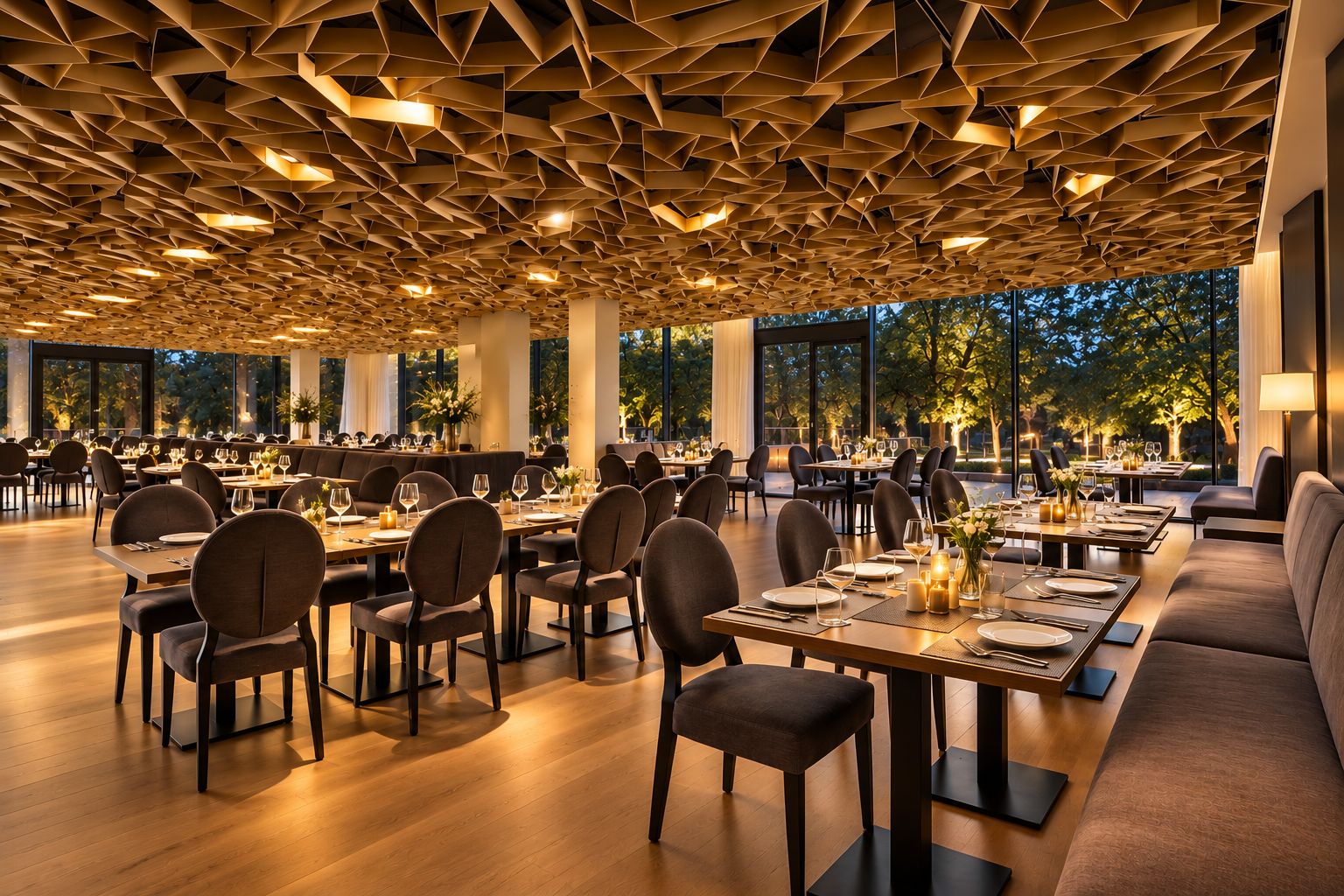 A spacious dining area with high ceilings and modern lighting. Tables are set for dining with chairs.