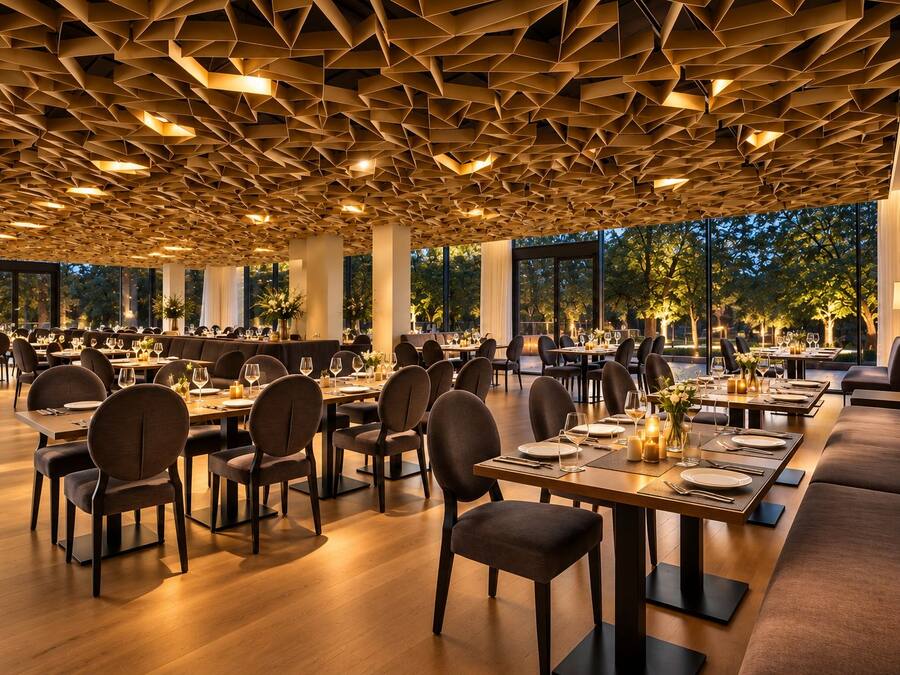 Un comedor amplio con techos altos e iluminación moderna. Mesas dispuestas para comer con sillas.