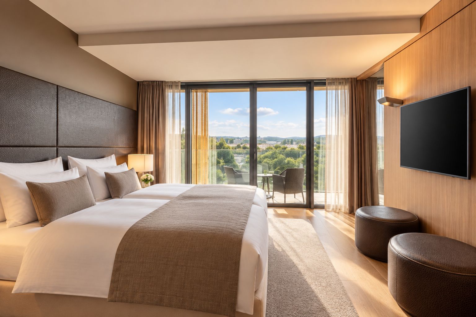 Ein Hotelzimmer mit einem großen Bett, einem Flachbildfernseher, einem Balkon mit Blick und einer Sitzecke.