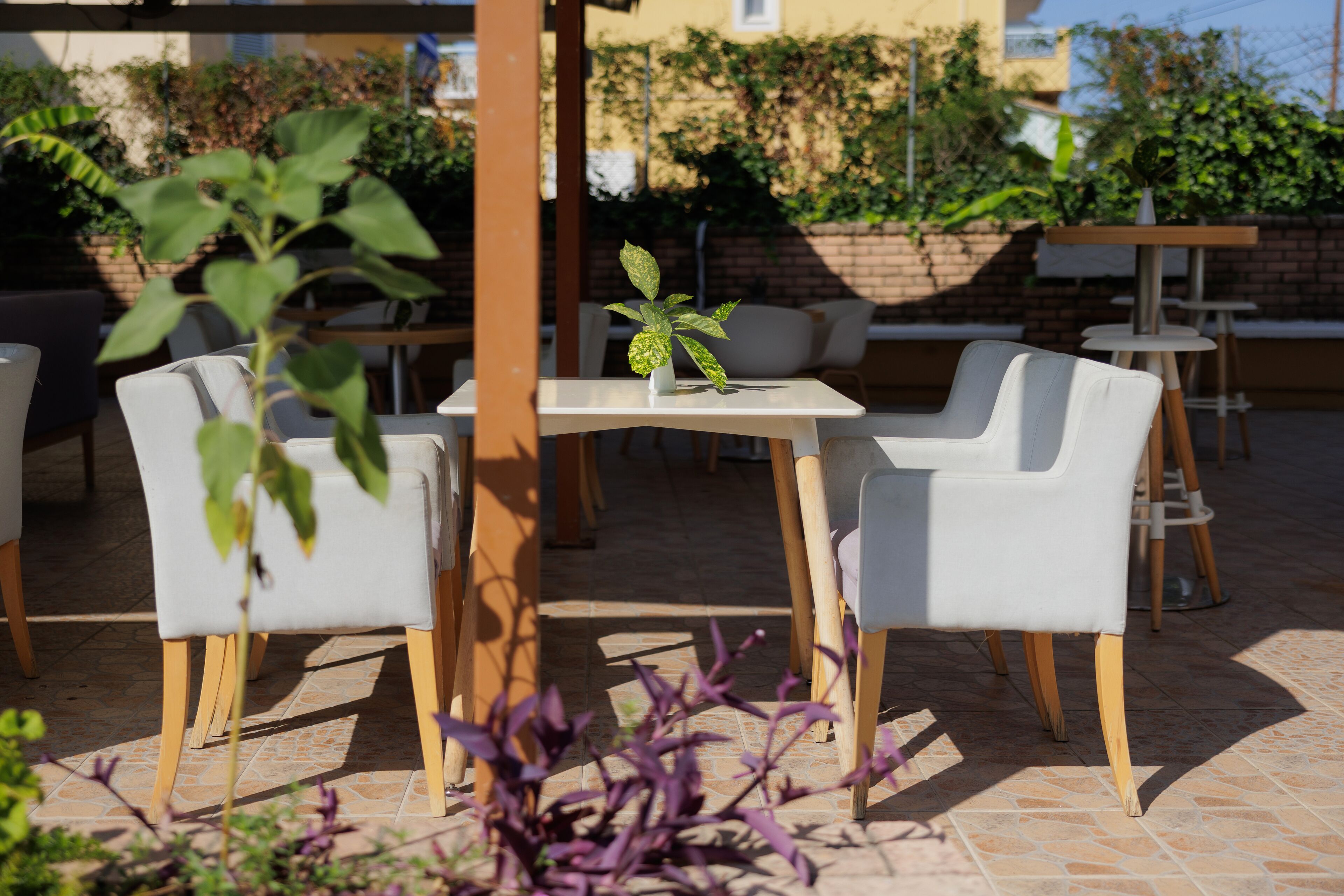 Un espacio al aire libre con sillas y mesas blancas, rodeado de vegetación y un muro de ladrillo.