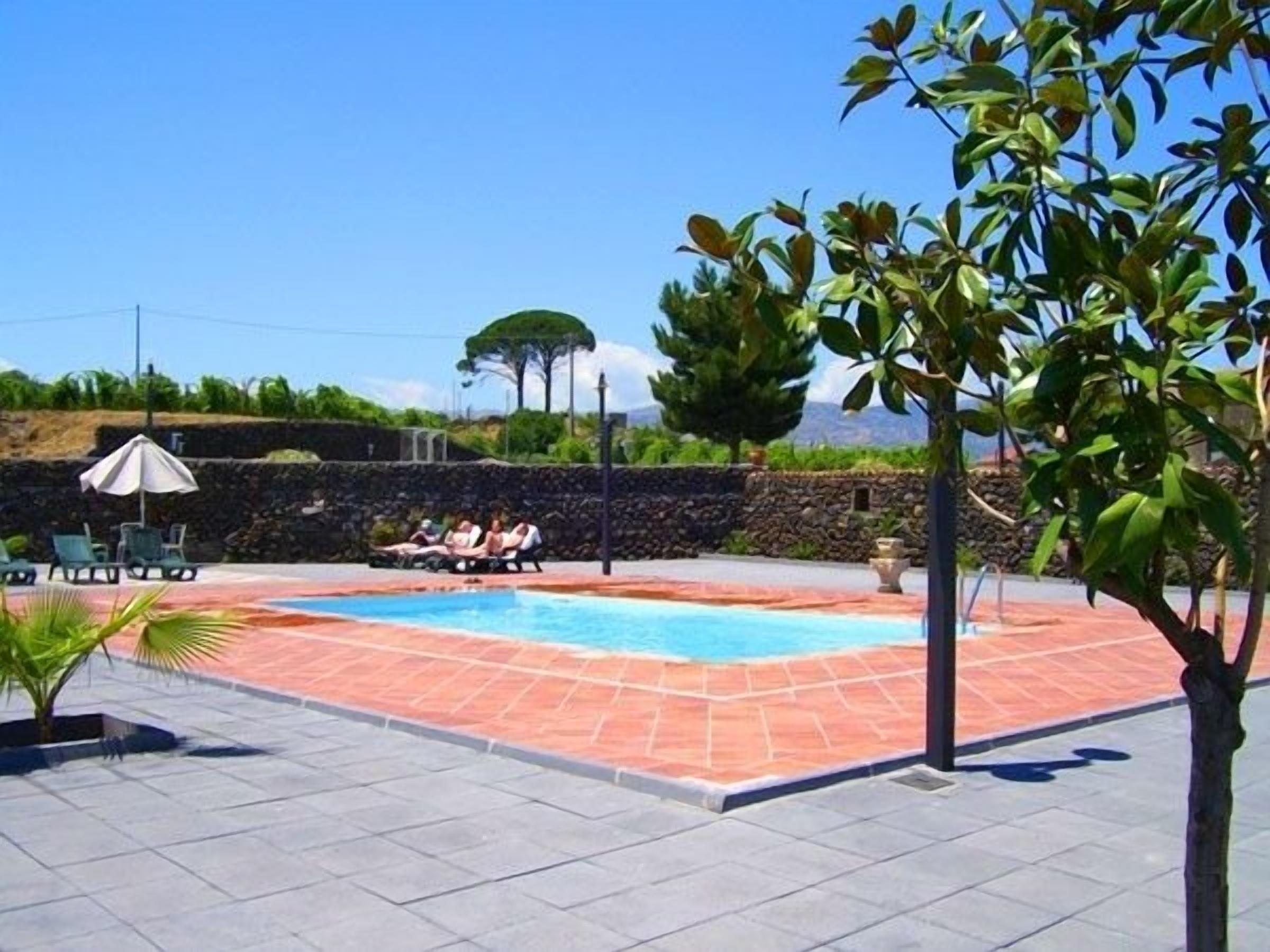 A swimming pool area with a stone wall, lounge chairs, and a small palm tree.