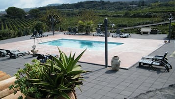 Outdoor pool, pool umbrellas, pool loungers