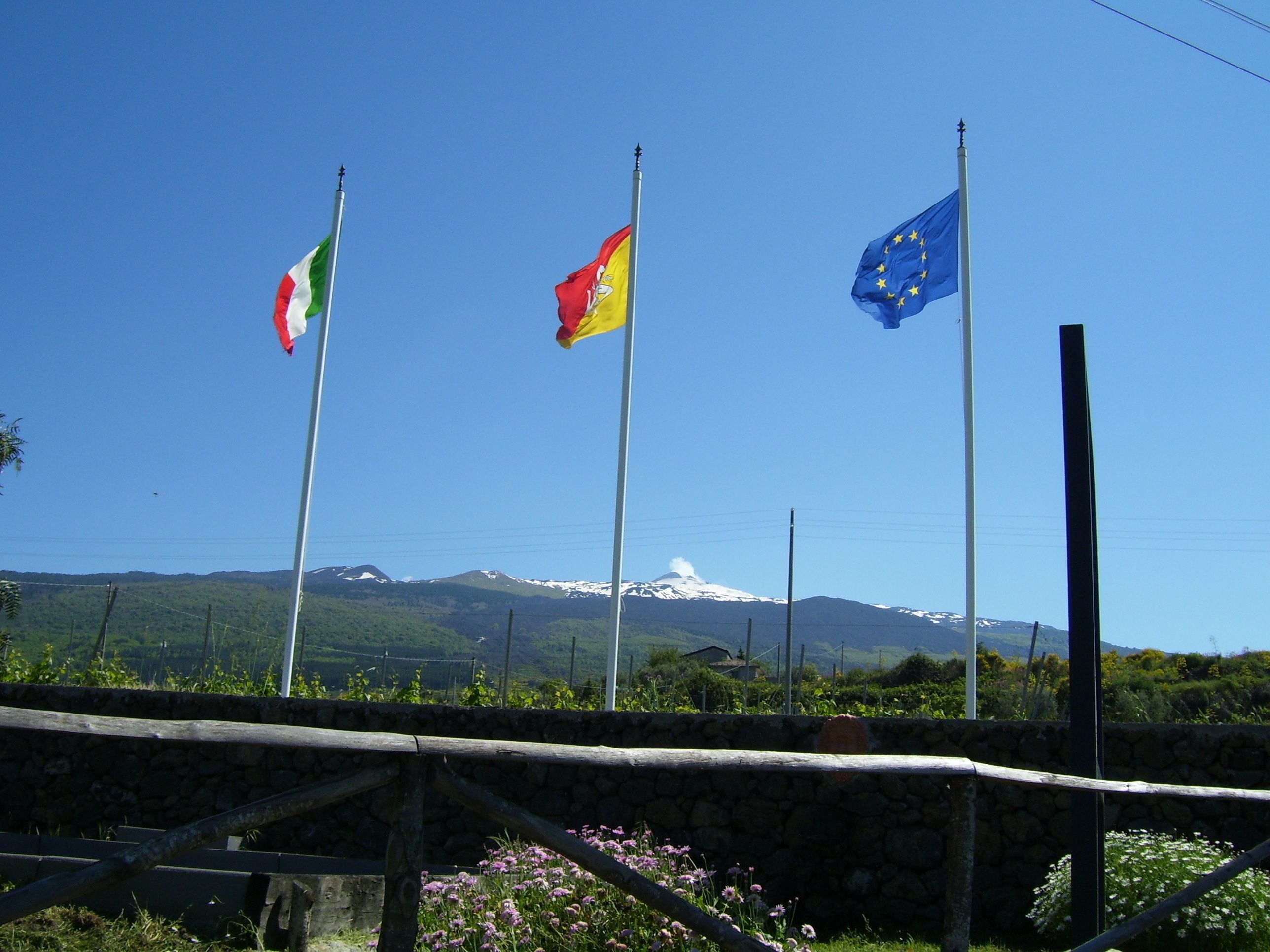 Three flags on flagpoles with a mountainous landscape in the background.