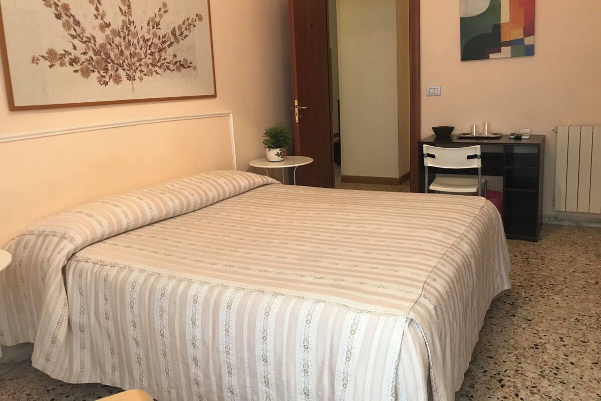 A hotel room with a bed, a small round table with a plant, a desk with a chair, and a radiator.