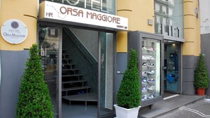 A hotel entrance with a staircase leading inside, a shoe display outside, and two potted plants on the sidewalk. - Orsa Maggiore Hotel (Naples)