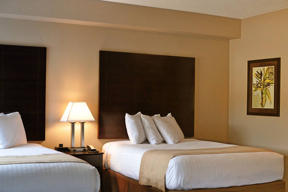 Una habitación de hotel con dos camas, una mesita de noche con lámpara y un cuadro en la pared.