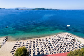 An aerial view of a beach with numerous umbrellas and a clear blue sea. - Alexandros Palace (Aristotelis)
