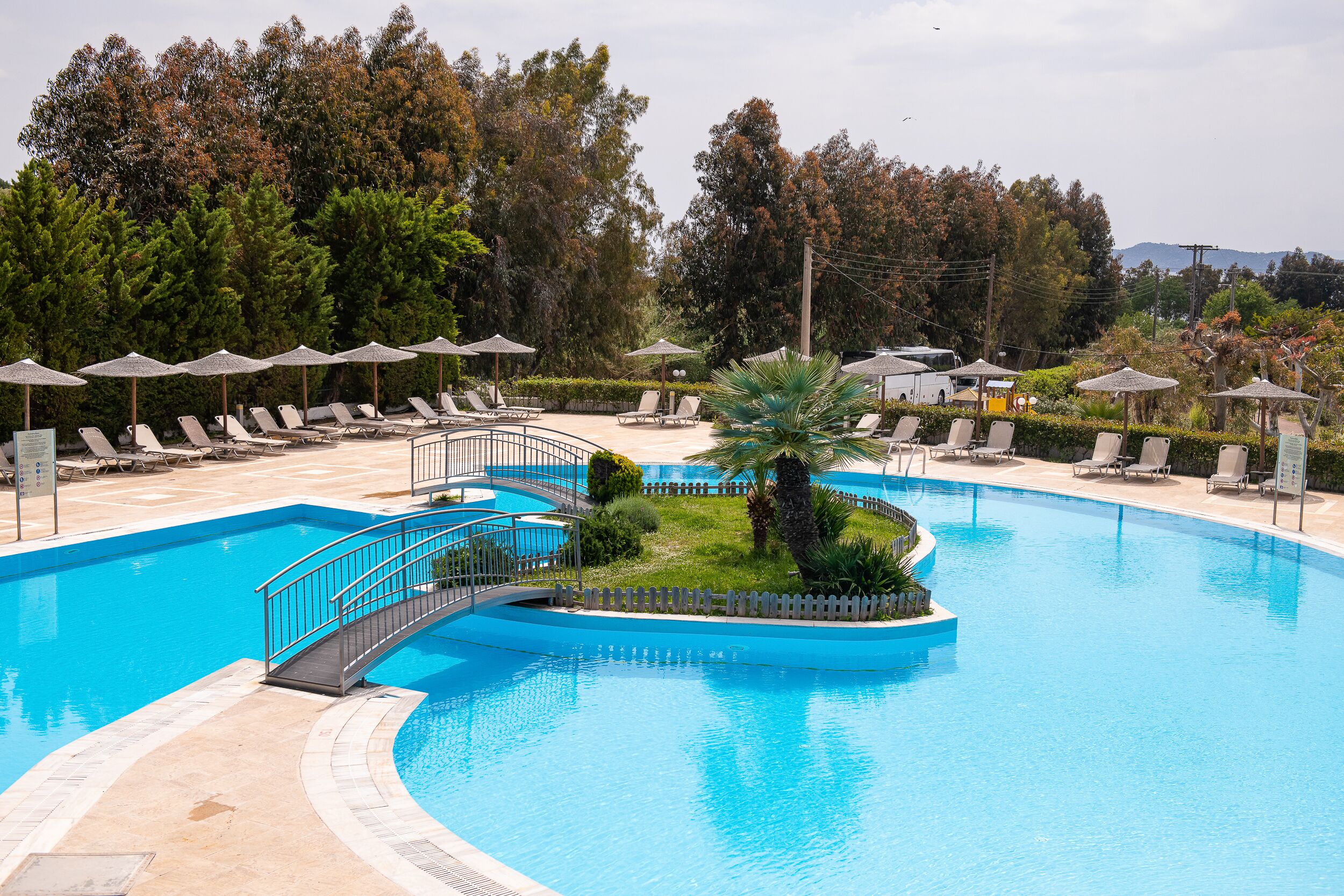 A swimming pool with a bridge, lounge chairs, umbrellas, and a landscaped area with trees and shrubs.