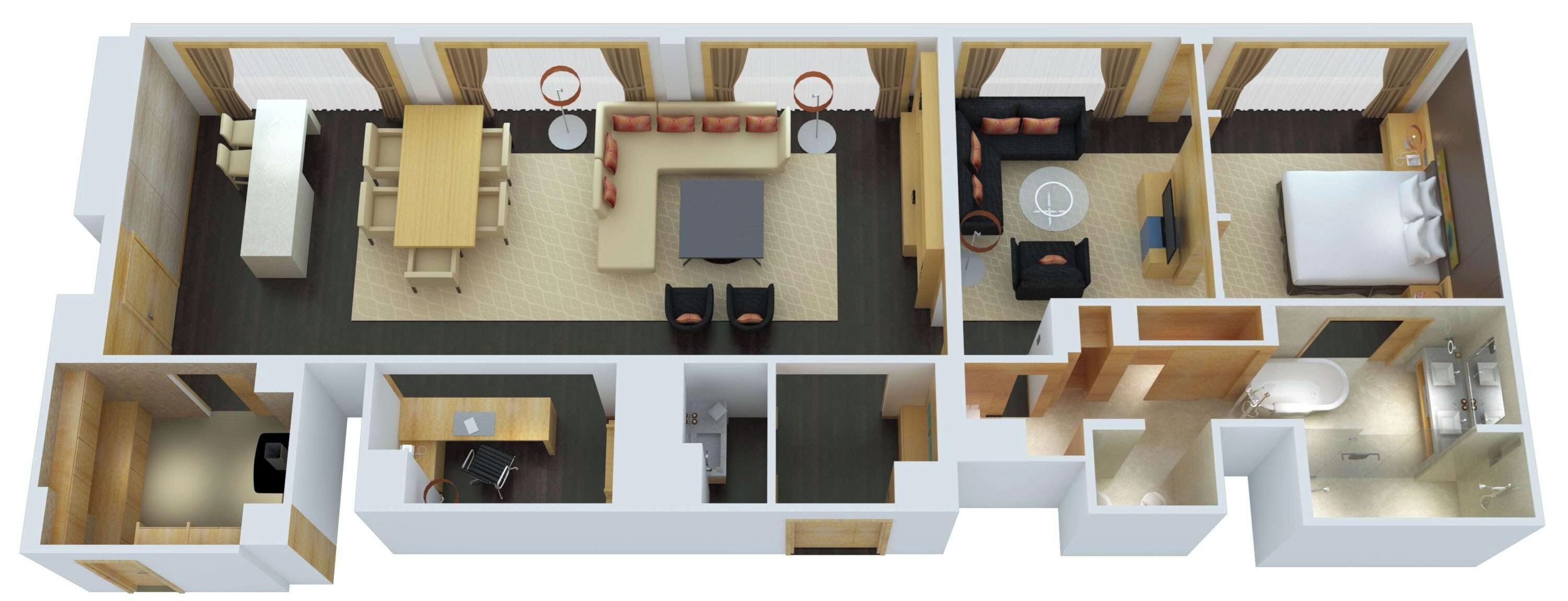 A floor plan of a hotel room with a bed, a desk, a chair, a sofa, and a small bathroom.
