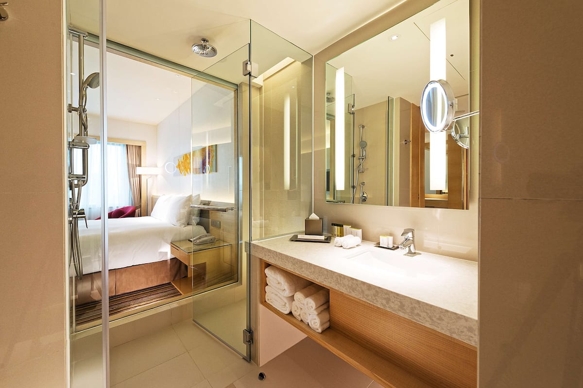 shower, rainfall showerhead, designer toiletries, hair dryer