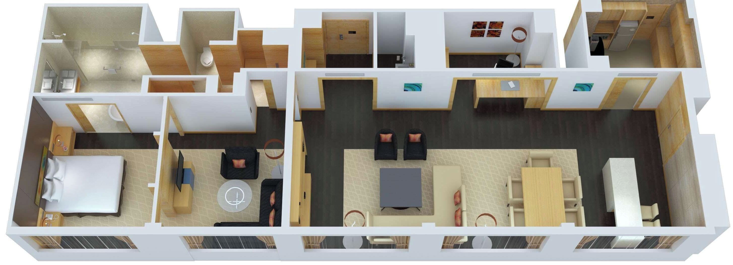 Een plattegrond van een hotel met meerdere kamers, een eetgedeelte en een keuken.