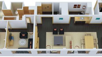 Een plattegrond van een hotel met meerdere kamers, een eetgedeelte en een keuken.