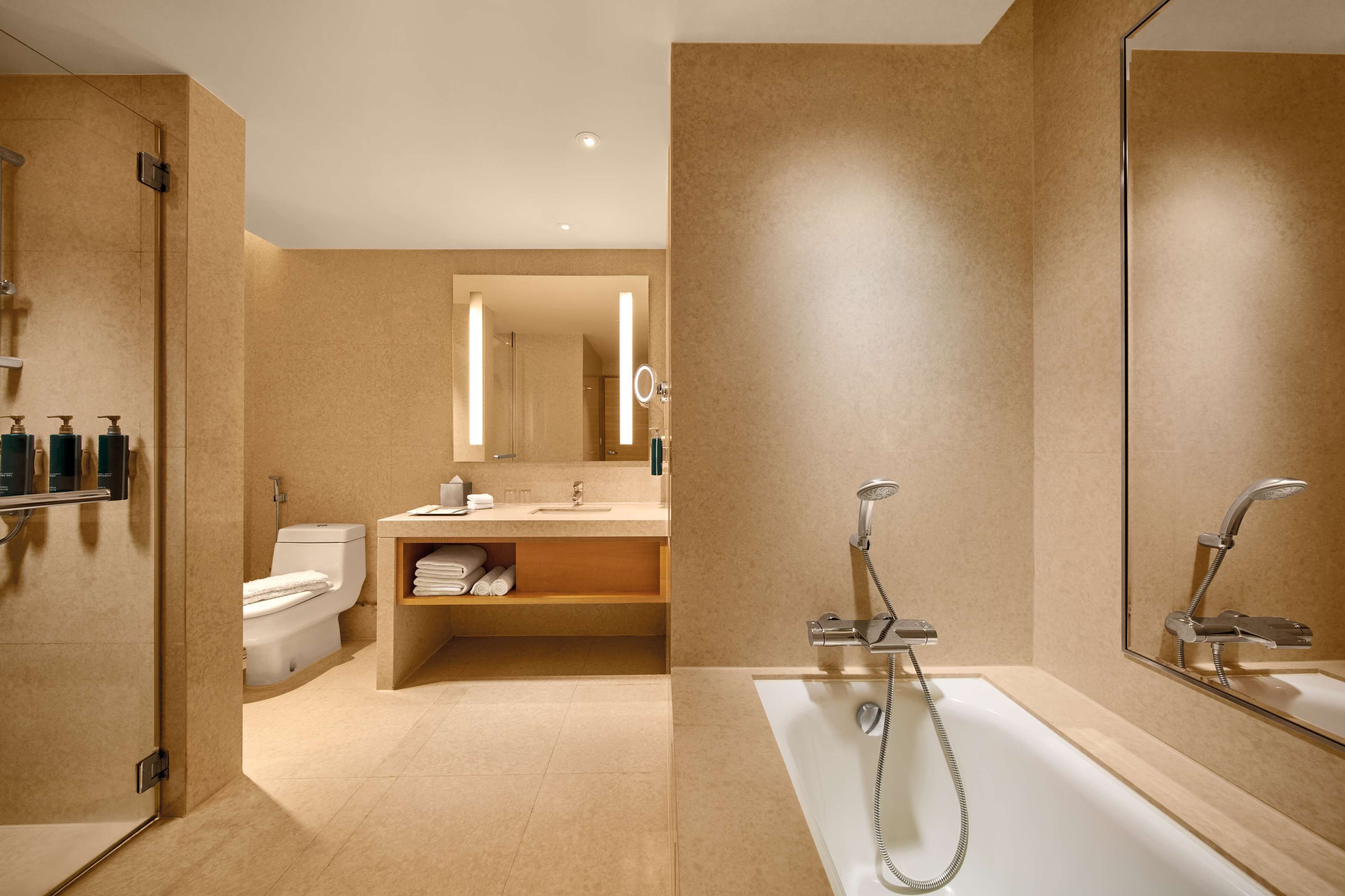 A modern bathroom with a bathtub, a shower, a toilet, and a vanity with a mirror.