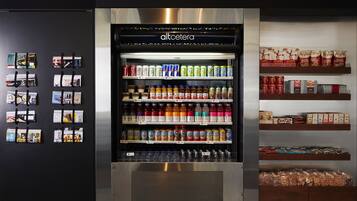 A minibar with various beverages and snacks.