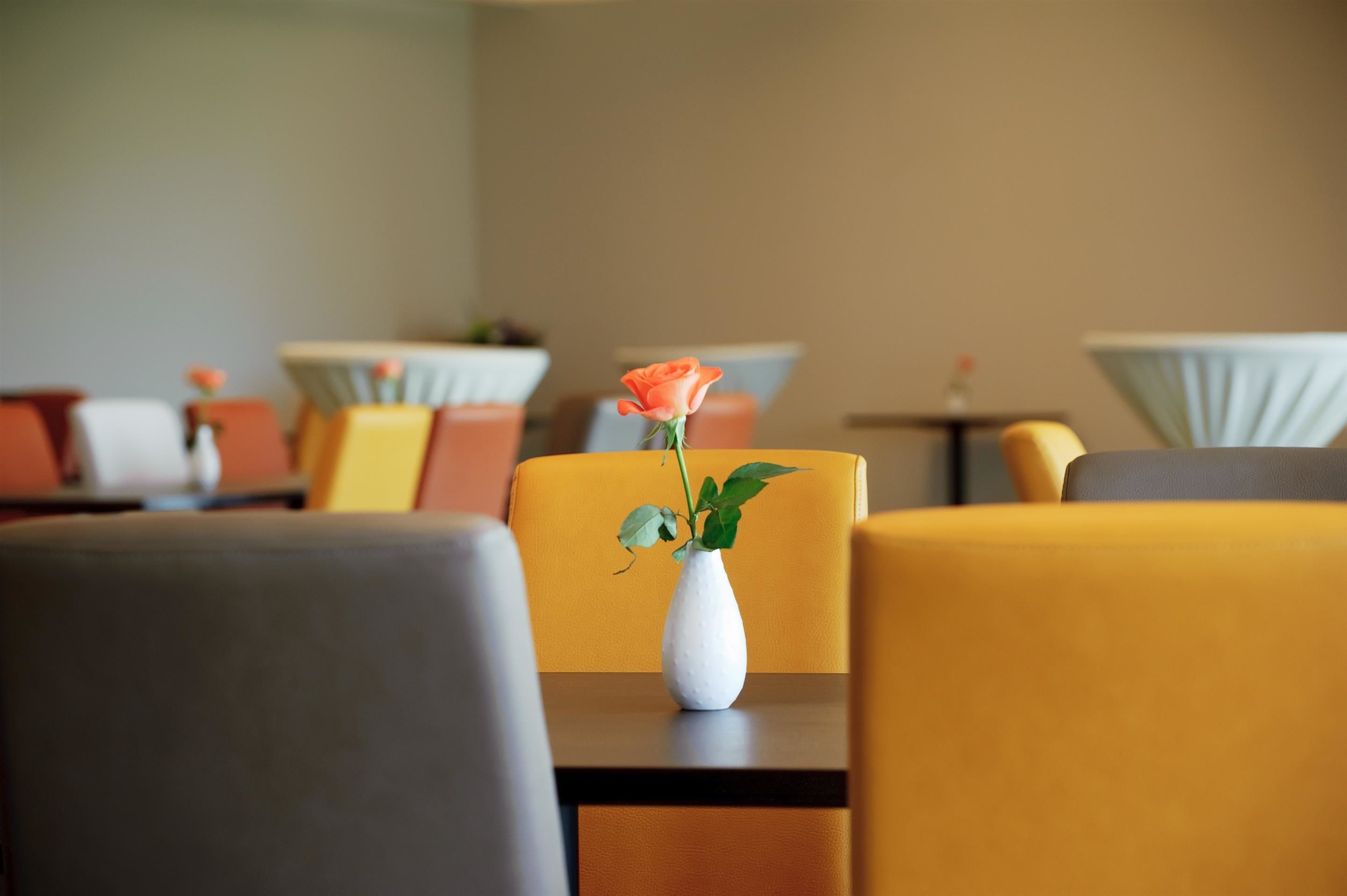Un comedor con sillas amarillas y grises, un florero blanco con una sola flor naranja, y una mesa.