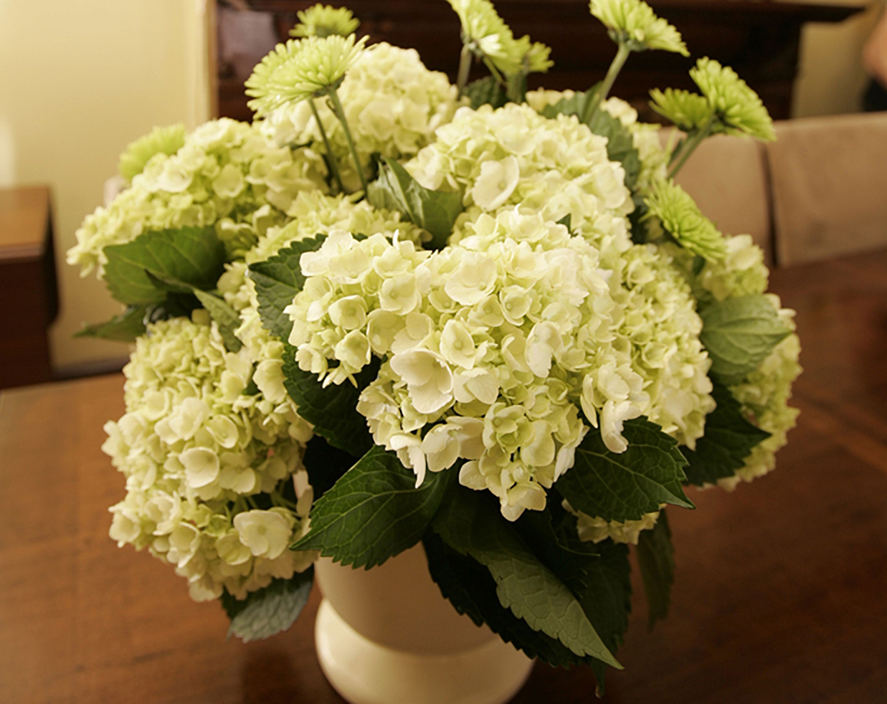 Un jarrón blanco con un ramo de flores de hortensia blancas sobre una mesa de madera.