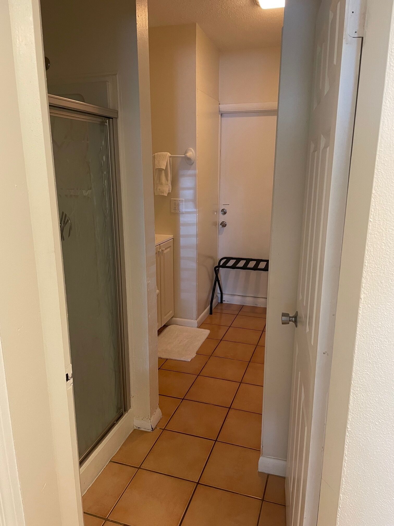 A narrow hallway with a tiled floor, a glass door on the left, a white door at the end, and a small black rack against the wall.