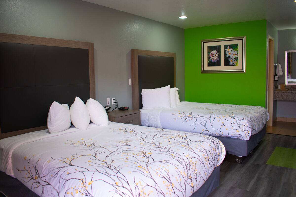 Duas camas com roupa de cama branca e padrão floral, uma mesa de cabeceira com abajur, e um quadro na parede.