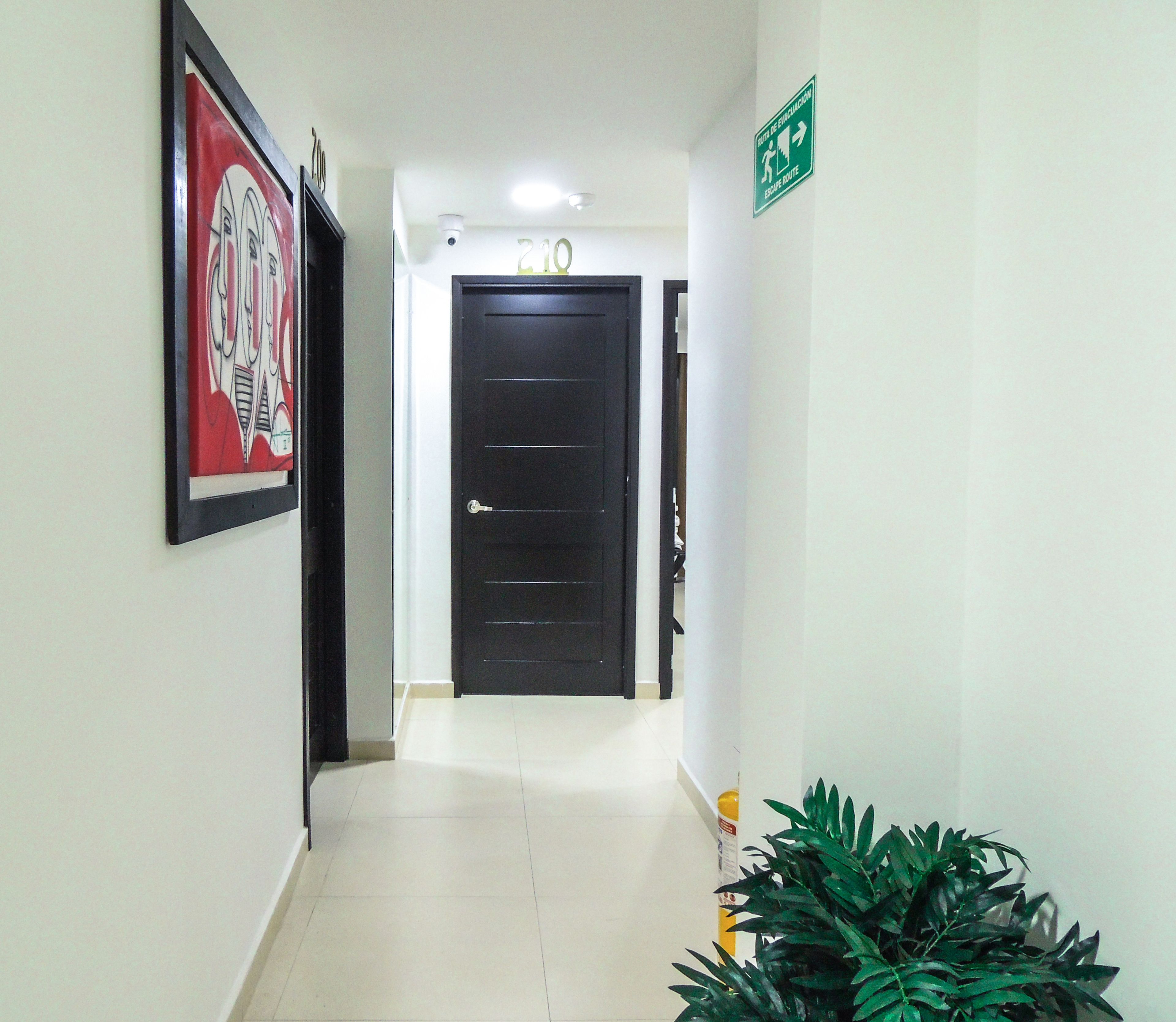 A hallway with a black door, a green emergency exit sign, and a framed picture on the wall.