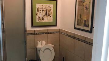 A small bathroom with a toilet, two trash bins, a shower door, and two framed pictures on the wall.