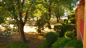 Um parque com árvores, bancos e um edifício de tijolos.