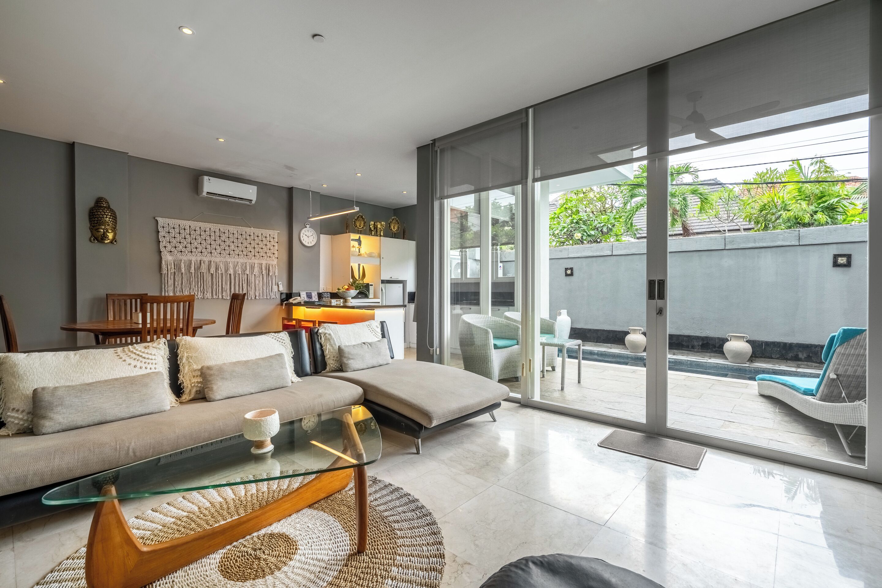 villa, 2 bedrooms, private pool | living area | 40-inch lcd tv with satellite channels, tv