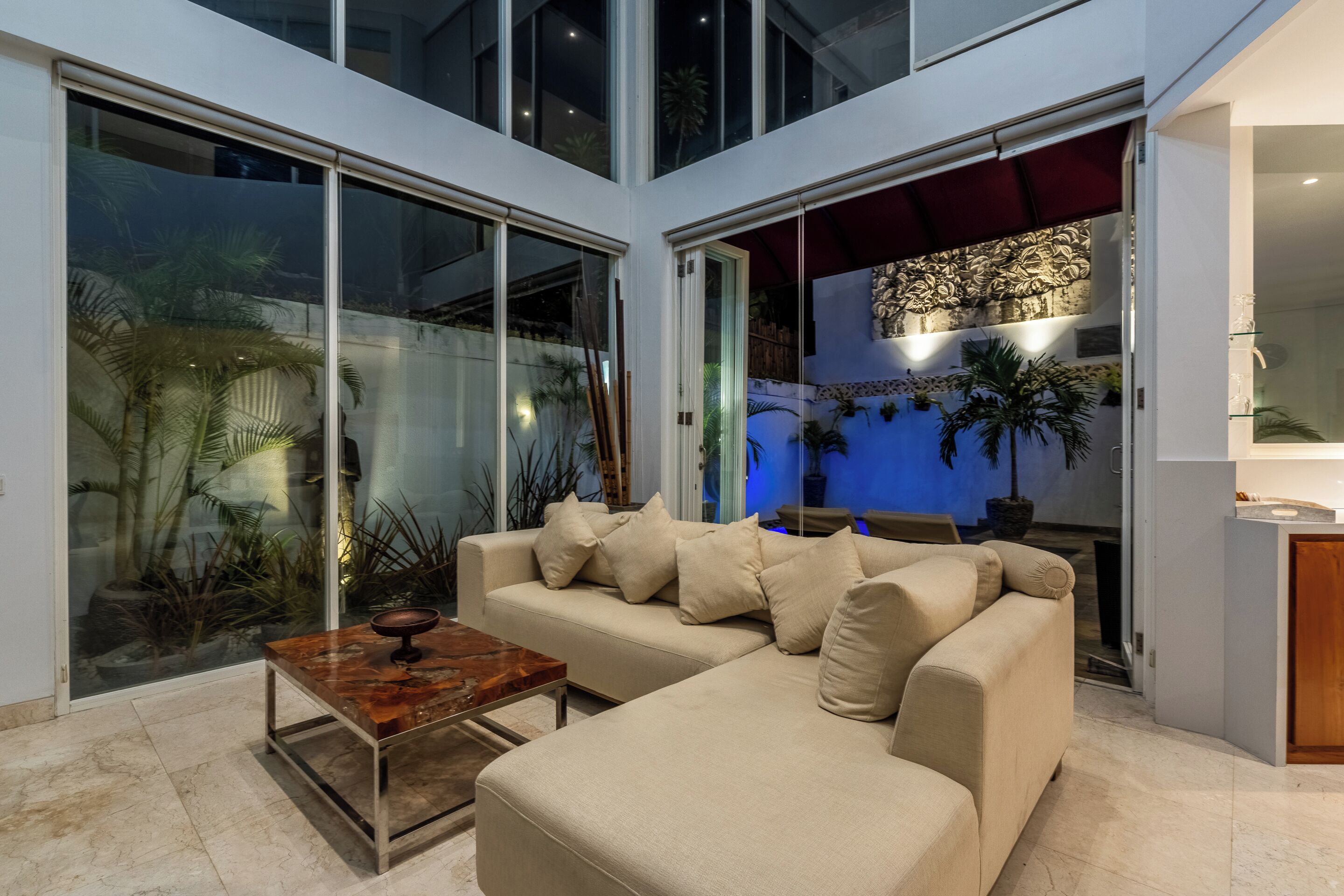 luxury villa, 3 bedrooms, pool view | living area | 40-inch lcd tv with satellite channels, tv