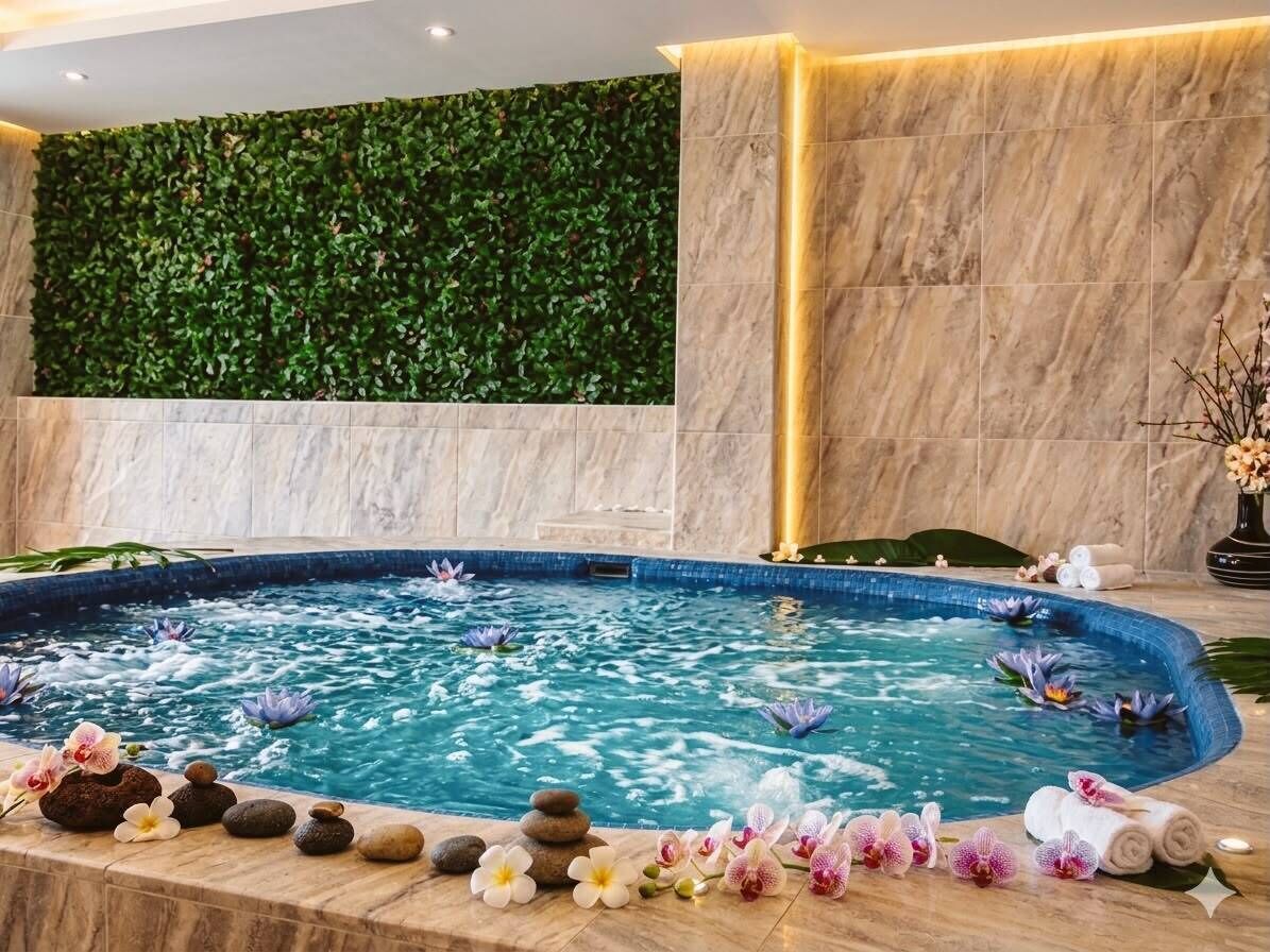 Un área de spa con un jacuzzi rodeado de rocas y flores, una pared verde y una pared de mármol con una tira de luz.