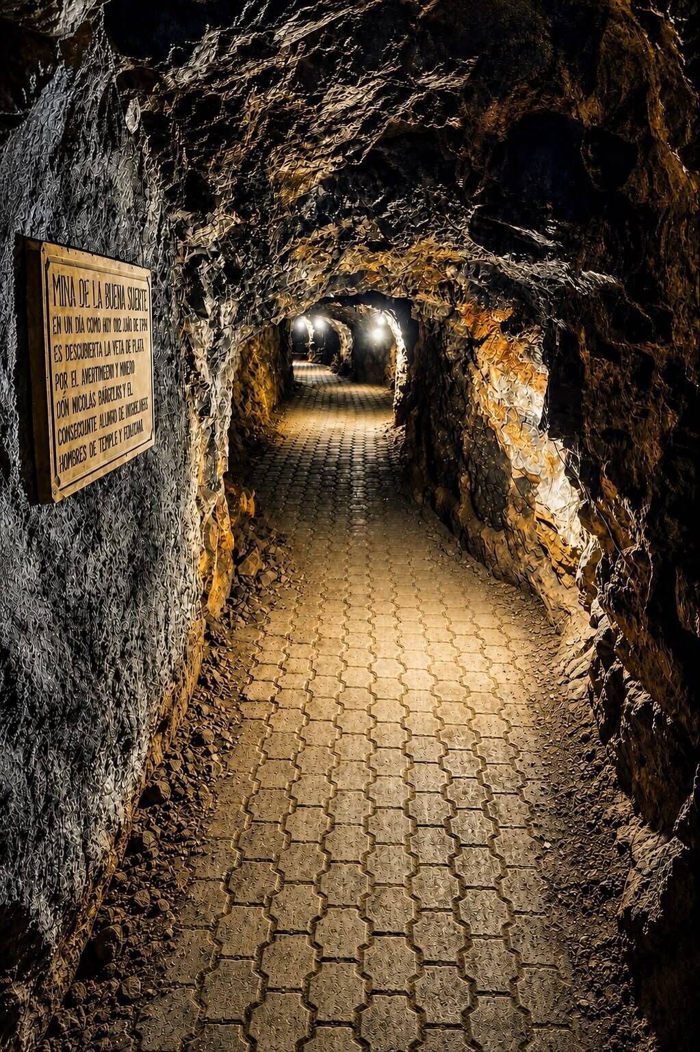 A tunnel with a paved path leading to a brighter area, surrounded by rocky walls.