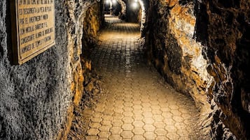 A tunnel with a paved path leading to a brighter area, surrounded by rocky walls.