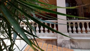 A building with a balcony, a stone balustrade, and a plant in the foreground. - Hotel María Benita (Zacatecas)