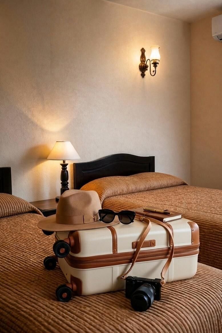 En säng med en sänggavel, en lampa, en resväska med hjul, en kamera och en hatt som ligger på sängen.