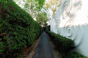 A narrow pathway flanked by dense green foliage and a white wall with spiral designs.