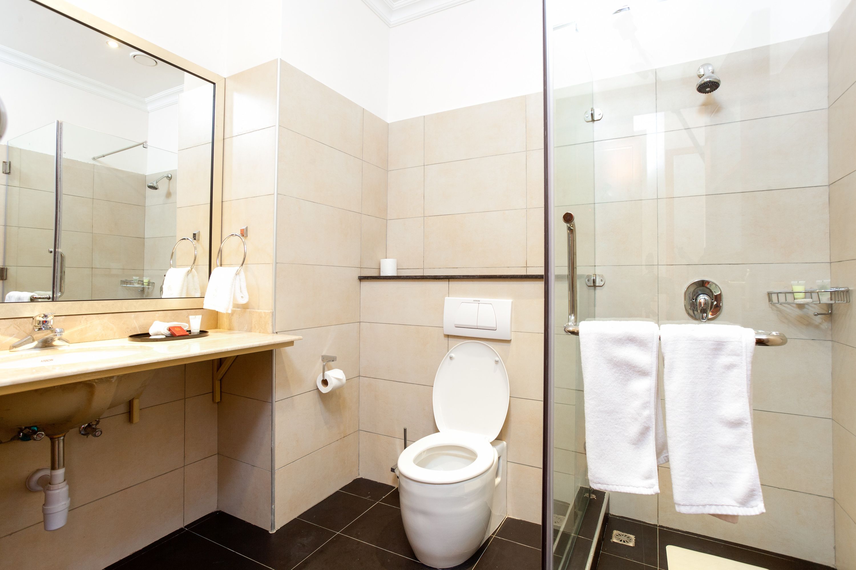 Un bagno moderno con servizi igienici, lavandino e zona doccia.