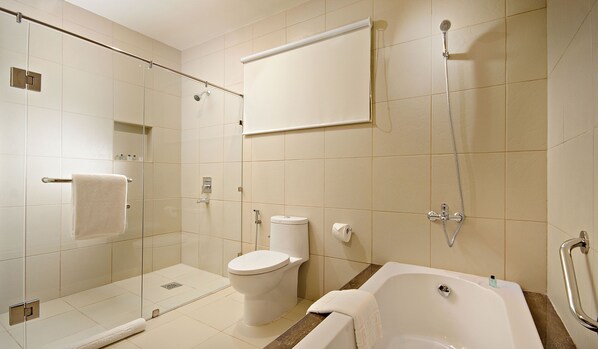 A modern bathroom with a glass-enclosed shower, a toilet, and a bathtub.