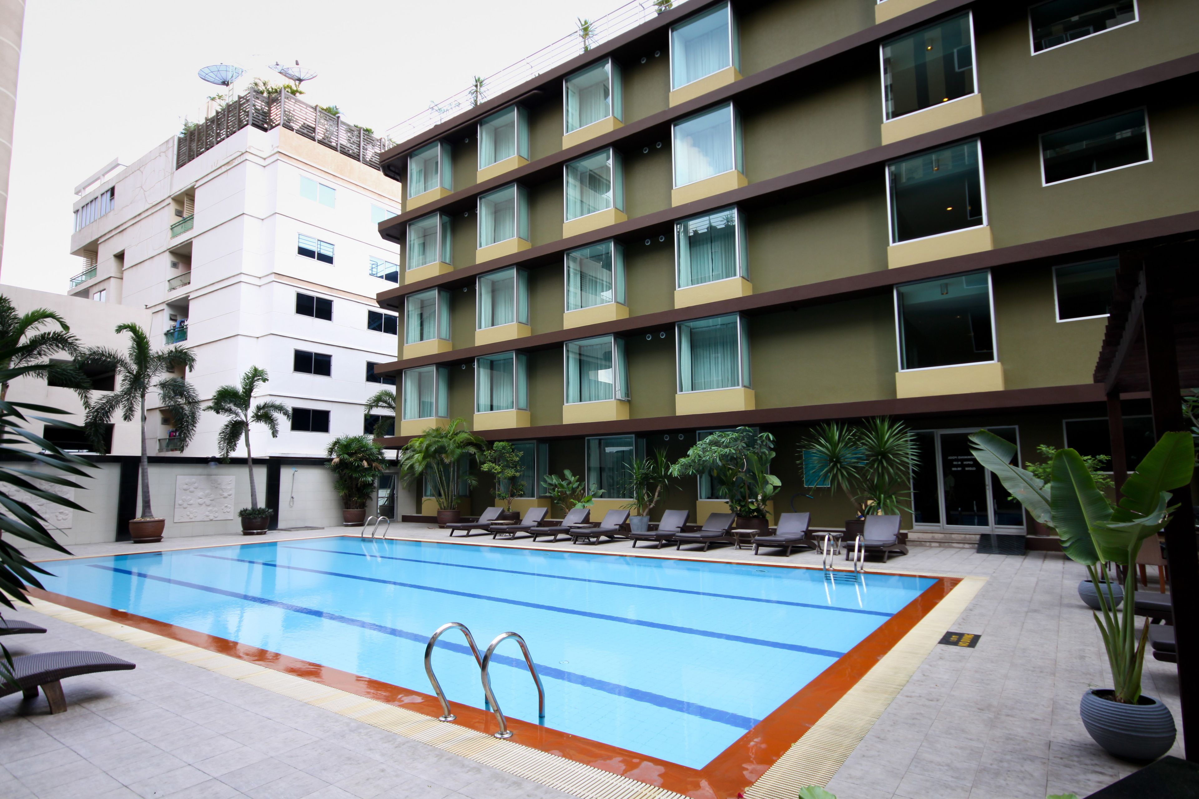 outdoor pool, pool loungers