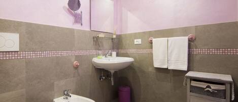 Une salle de bain équipée d’un bidet, d’un lavabo et d’un miroir.