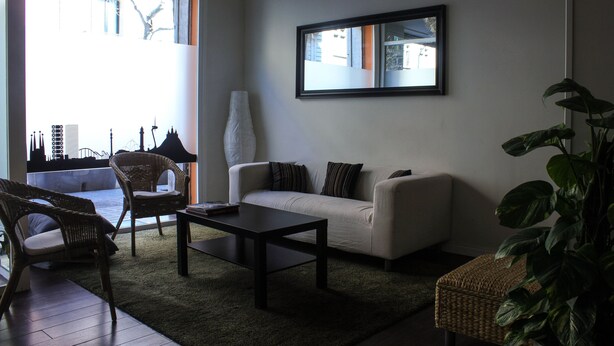 Una sala de estar con un sofá, sillas, una mesa de centro y una planta grande.