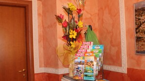 A reception area with a wooden door, a decorative plant, and a shelf with travel brochures.
