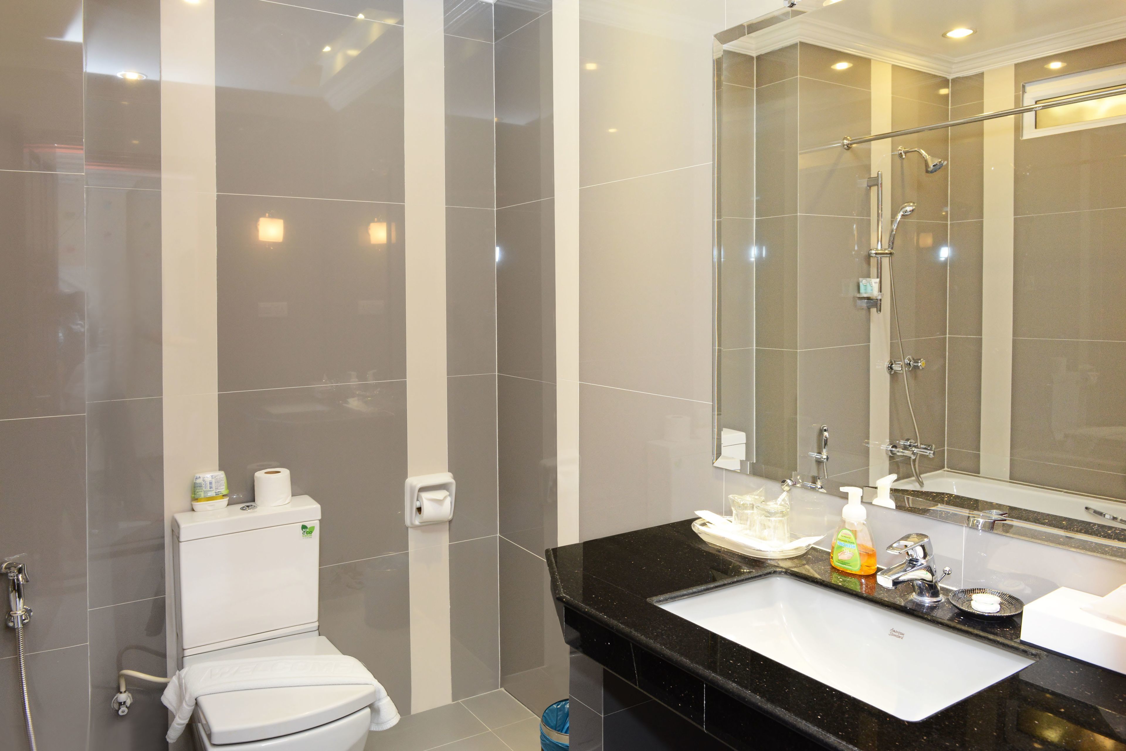 A modern bathroom with a toilet, sink, and shower area.